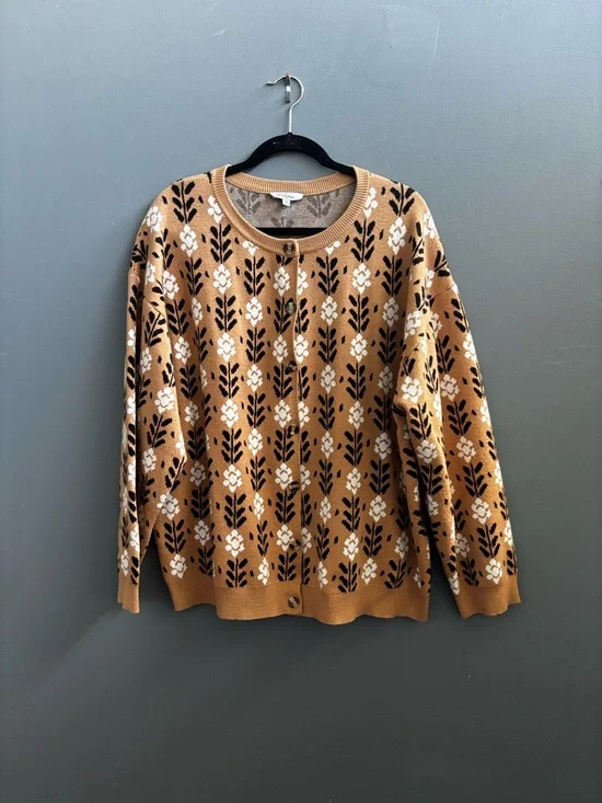 Polagram Floral Knit Cardigan Sweater - Camel/White - Picture 2 of 5